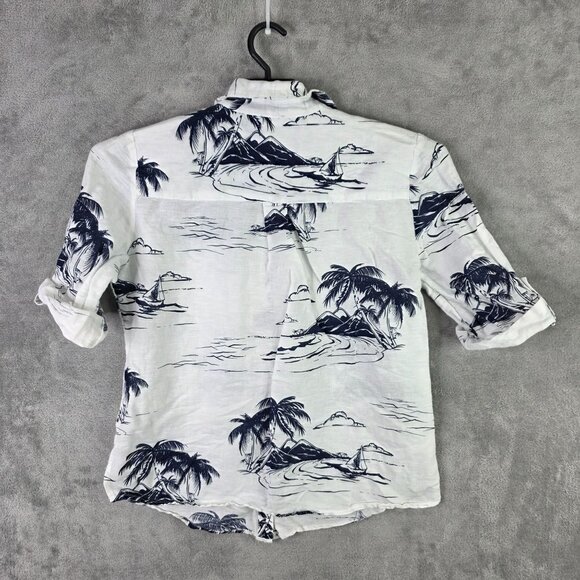 Womens Chico's White & Blue Hawaiian Linen Blend Shirt Button Up Rolled Sleeve 1 - Picture 5 of 8